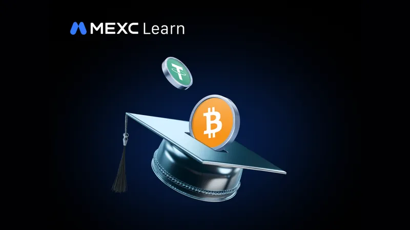 Official MEXC Learn hero art for a Bitcoin valuation explainer: a Bitcoin coin dropping into a graduation cap with a Tether coin above it on a dark navy background.