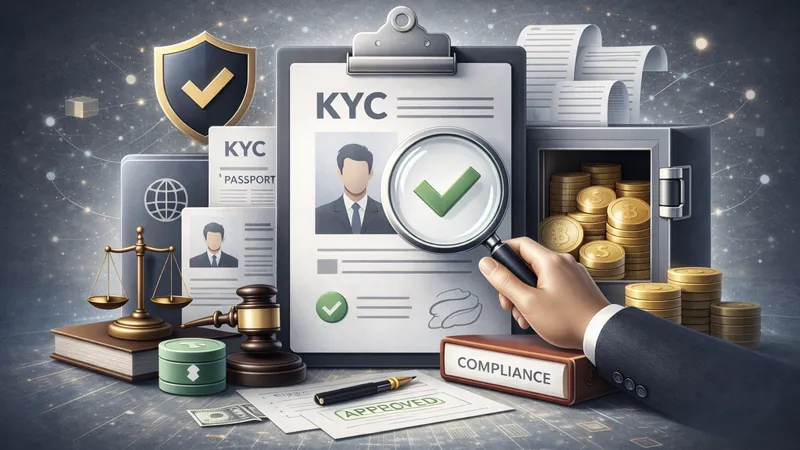 Official Bitunix blog art for its compliance and KYC guide: a KYC form under a magnifying glass with a green check, a passport, a shield, scales, a gavel and stacked coins.