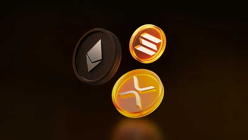 Official BloFin Academy cover art for the How to Close a Trade guide: three glossy coins with the Ethereum, Solana and XRP logos floating on a dark amber background.