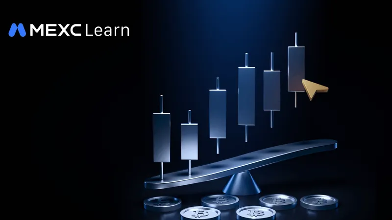 Official MEXC Learn banner for its crypto futures beginner guide: silver candlesticks rising above a balance beam with a gold cursor, over a row of coins.
