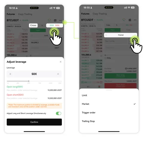 Bitunix app Adjust leverage sheet on BTCUSDT at 50X, 10,000,000 USDT max position for long and short, beside the order type menu: Limit, Market, Trigger order, Trailing Stop.
