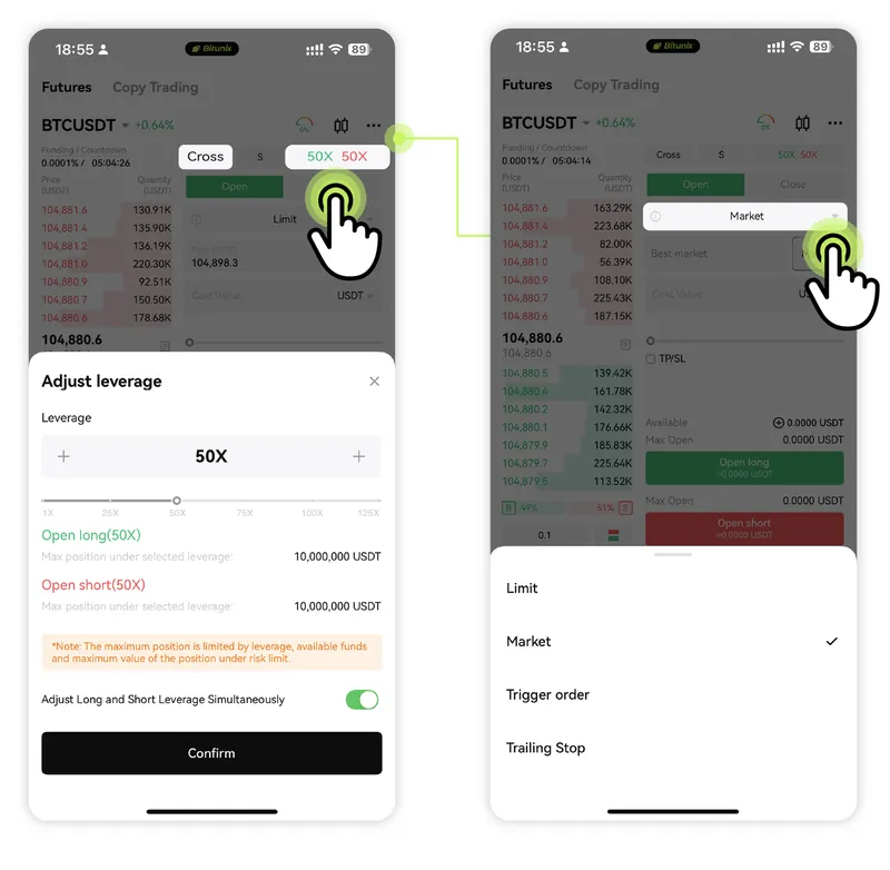 Bitunix app Adjust leverage sheet on BTCUSDT at 50X, 10,000,000 USDT max position for long and short, beside the order type menu: Limit, Market, Trigger order, Trailing Stop.