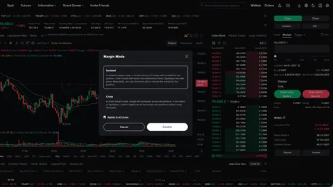 KCEX BTC/USDT futures page with the Margin Mode pop-up, Isolated selected above Cross, beside an order panel set to Isolated 25X with Max Long 1,653.09 USDT.