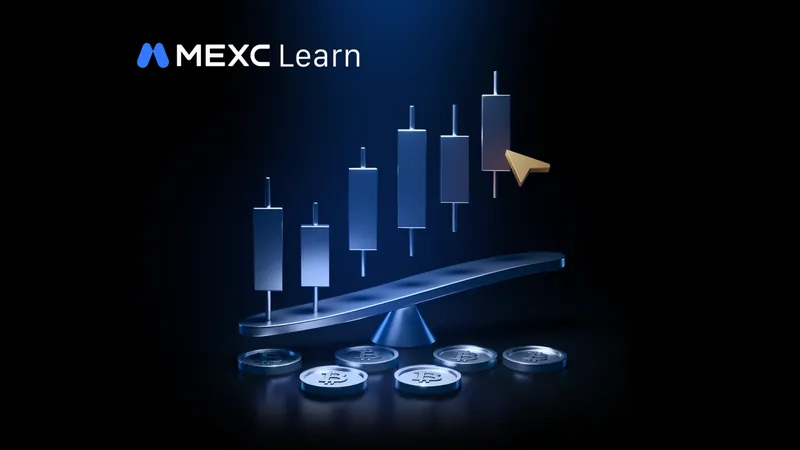Official MEXC Learn cover art for the IPO pricing article: silver candlesticks rising above a tilted balance beam, with a row of silver Bitcoin coins on a dark blue background.