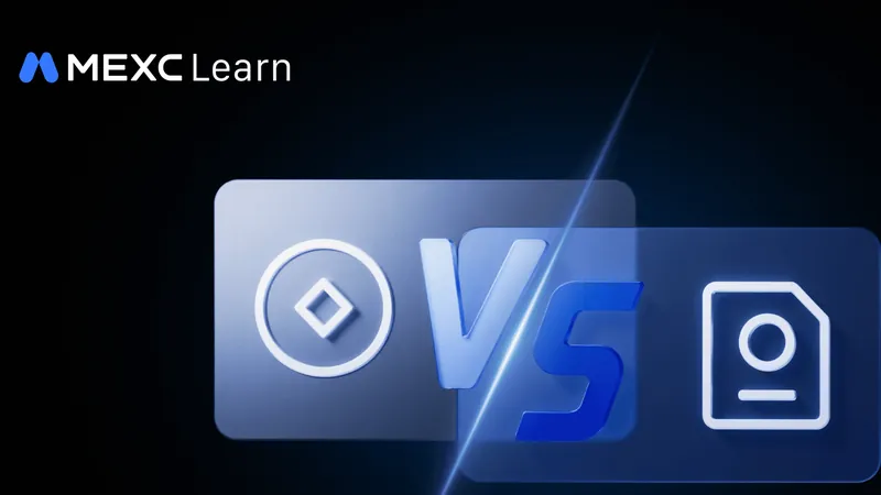 Official MEXC Learn banner for the spot versus futures beginner guide: two glowing blue glass cards, a coin icon and a document icon, split by a bold VS.