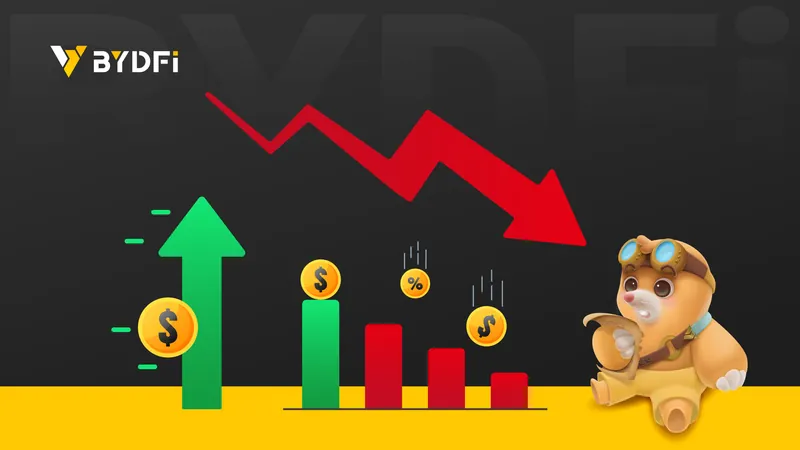 Official BYDFi Help Center cover art for the USDT-M P&L article: a green up arrow, a red zigzag down arrow, falling coins and bar charts next to the BYDFi mascot on a dark background.