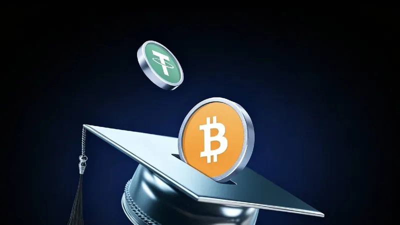 Official MEXC Learn banner art: a silver graduation cap with a Bitcoin coin dropping into a slot on top and a Tether coin floating above, on a dark navy background.