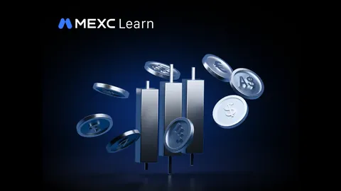Official MEXC Learn cover art for the Treasury yield article: silver candlestick bars surrounded by floating dollar, euro and other currency coins on a dark navy background.