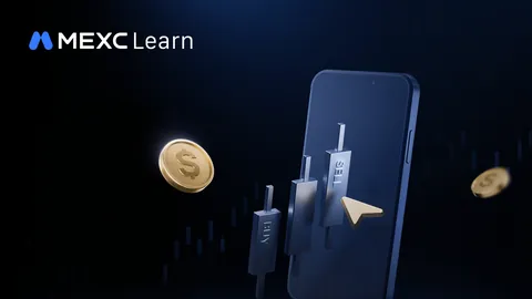 Official MEXC Learn cover art for its app futures guide: a blue smartphone with BUY and SELL candlestick bars, a cursor arrow and gold dollar coins on dark navy.