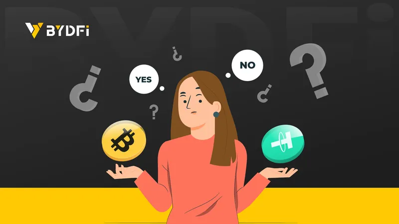 Official BYDFi help center banner for its USDT-M vs COIN-M guide: an illustrated woman shrugging between a gold Bitcoin coin and a green Tether coin, with YES and NO speech bubbles and question marks.