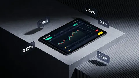 Official Bitunix blog art for its fees guide: a tablet showing a BTC/USDT chart on a stone block, ringed by tags reading 0.08%, 0.1%, 0.02% and 0.06%.