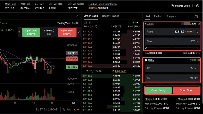 Bitbase BTCUSDT perpetual web order panel with Limit and Market tabs, price and size fields, TP/SL and Open Long or Open Short buttons.