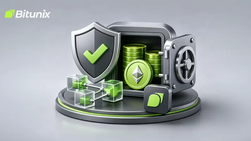 Official Bitunix blog art for its Proof of Reserves guide: a green-check shield, an open vault holding green coins with an ETH coin, and linked Merkle tree cubes.