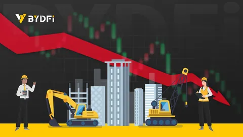 Official BYDFi Help Center art for the forced liquidation guide: a red arrow falls across a candlestick chart over construction cranes and two workers in hard hats.