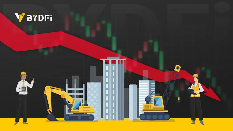 Official BYDFi Help Center art for the forced liquidation guide: a red arrow falls across a candlestick chart over construction cranes and two workers in hard hats.